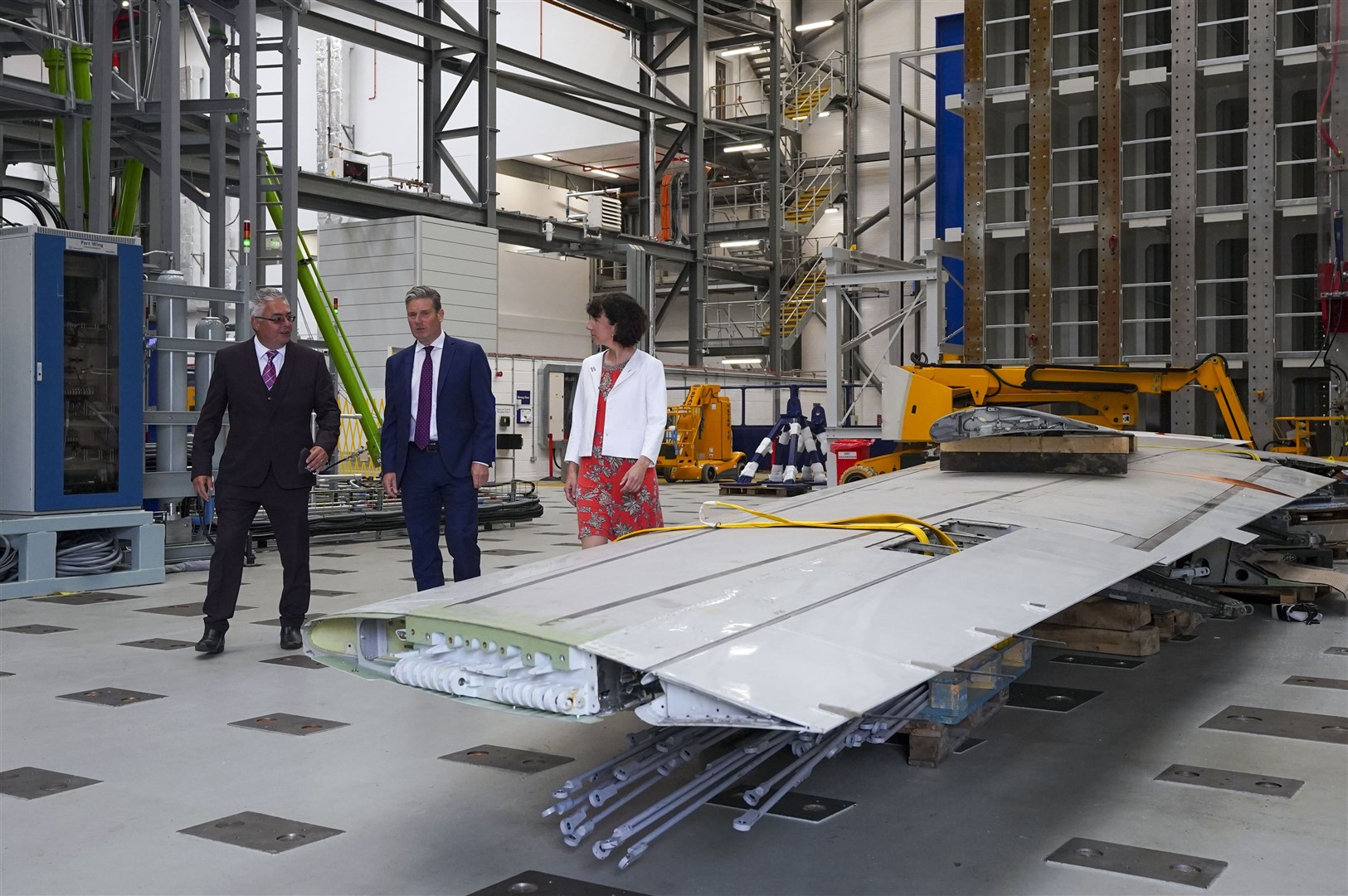 Sir Keir Starmer (centre), Anneliese Dodds (right) and Peter Smith (left), head of testing and laboratories for Airbus, during a visit to the Airbus factory in Filton, Bristol (Steve Parsons/PA)