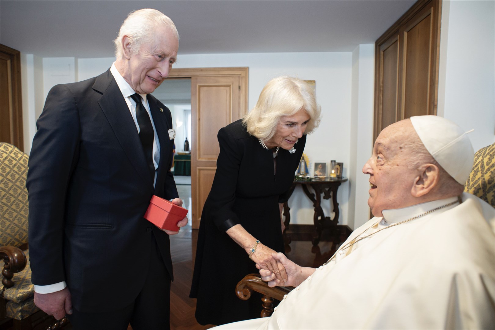 The King and Queen meet Pope Francis during a private audience on April 9 (The Vatican/PA)