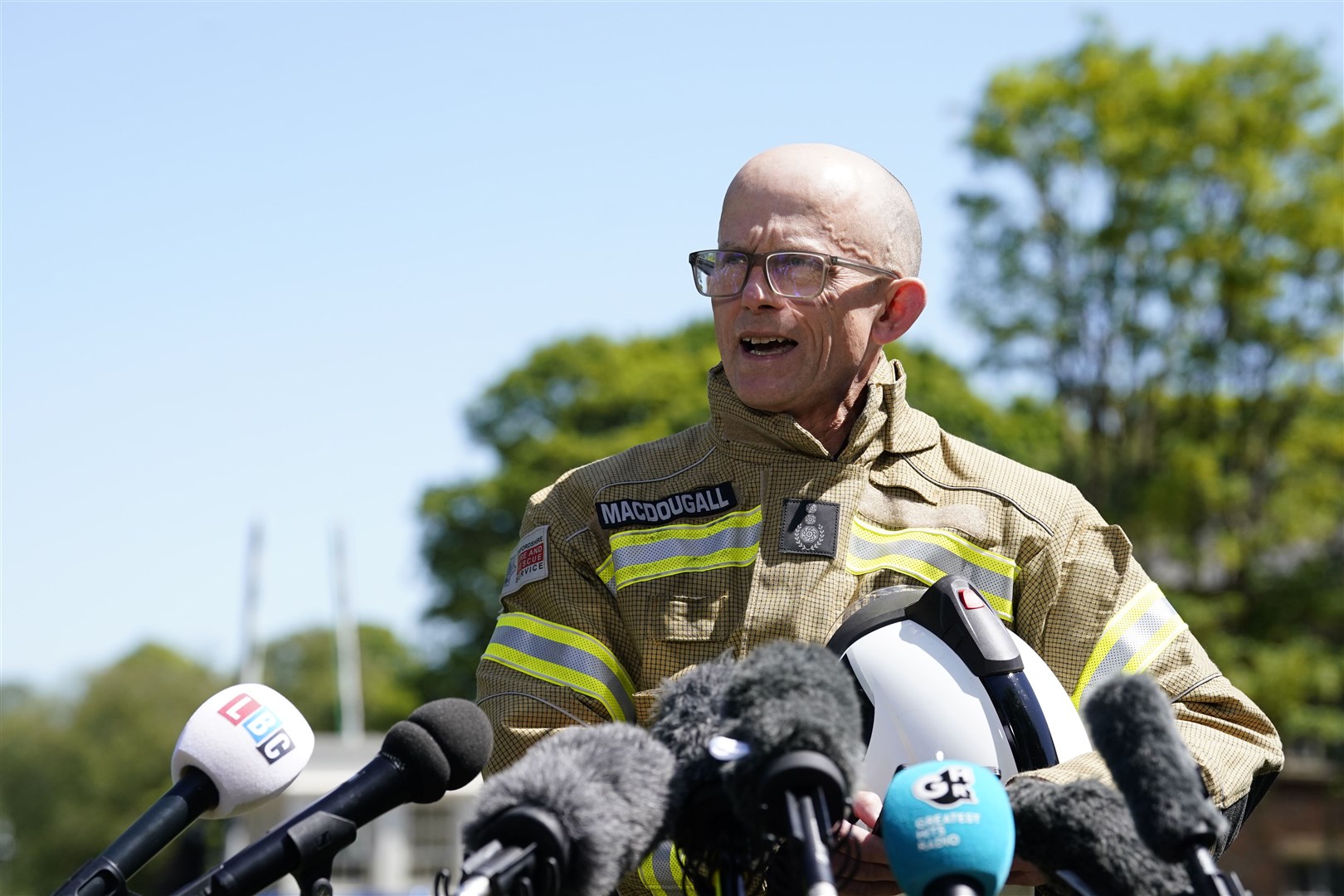 Oxfordshire Fire and Rescue Service chief fire officer Rob MacDougall speaks to the media outside at Bicester Motion (Andrew Matthews/PA)