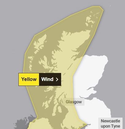 Wind gusts of up to 80mph are possible across a wide swathe of Scotland on Friday and Saturday. Picture: Met Office.