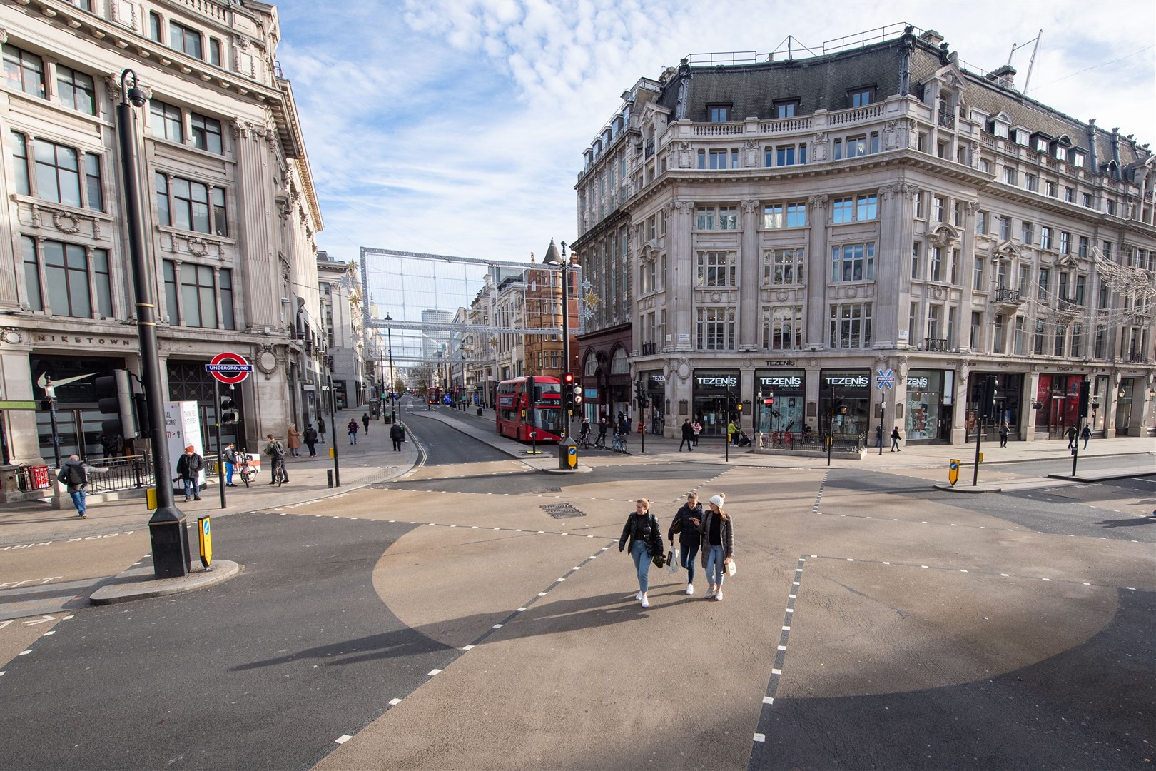 A largely empty Oxford Circus in London, as most shops and businesses remain closed while England continues a four-week national lockdown (Dominic Lipinski/PA)