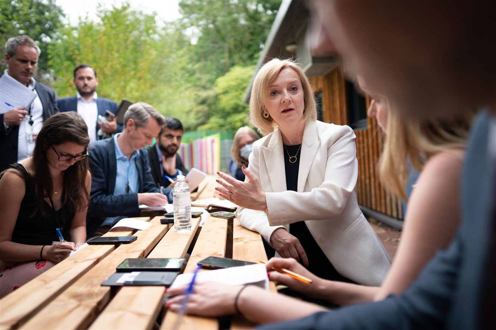 Liz Truss speaks to the press during a visit to the children’s charity Little Miracles in Peterborough (Stefan Rousseau/PA)