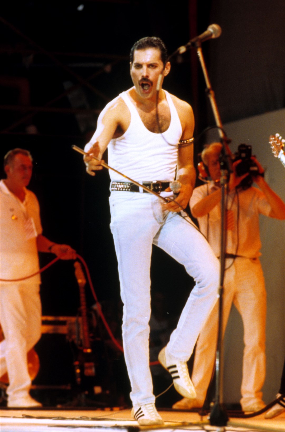 Freddie Mercury of Queen on stage during the Live Aid Concert at Wembley Stadium in July 1985 (PA)