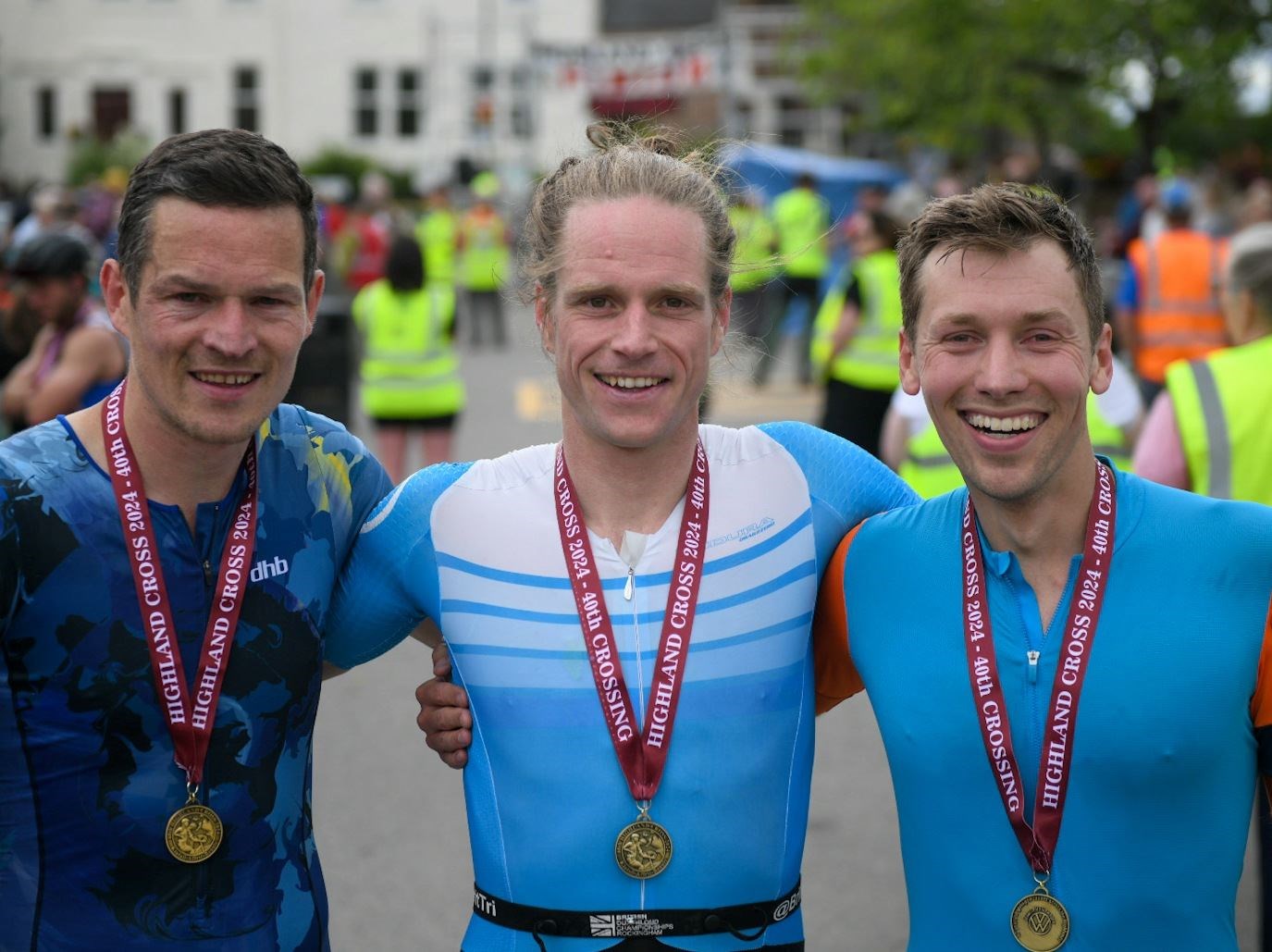 Highland Cross champion Ewan Brown with Gordon Lennox (left) in second place and James Taylor (right) who finished third. Picture: James Mackenzie.