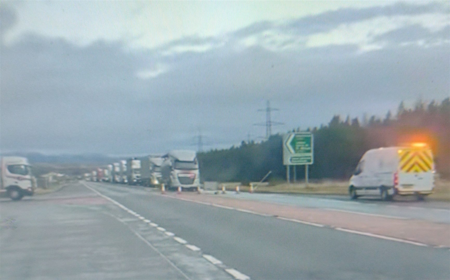 A line of lorries beaten by last night's icy conditions on the A9 at Dalnaspidal, photographed by Danny Murison of Blair Atholl