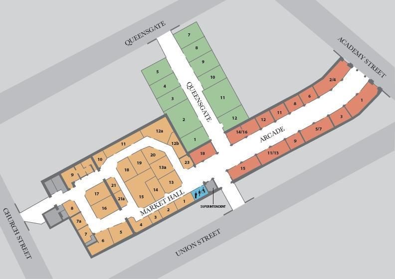 The redevelopment work will affect only the Market Hall/Fish Hall area (the fawn coloured section). The Arcade and Queensgate areas will not be affected.
