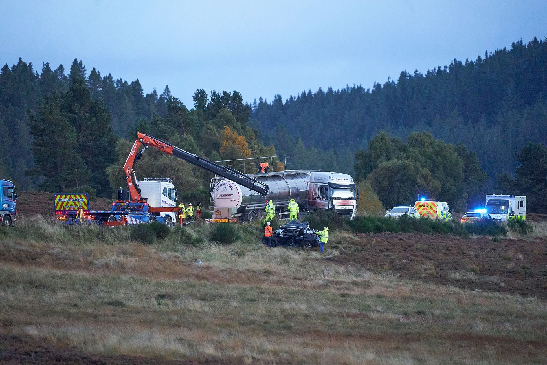 A recovery vehicle at the scene of the fatal accident on Dava Moor. Picture: Jasper Images.