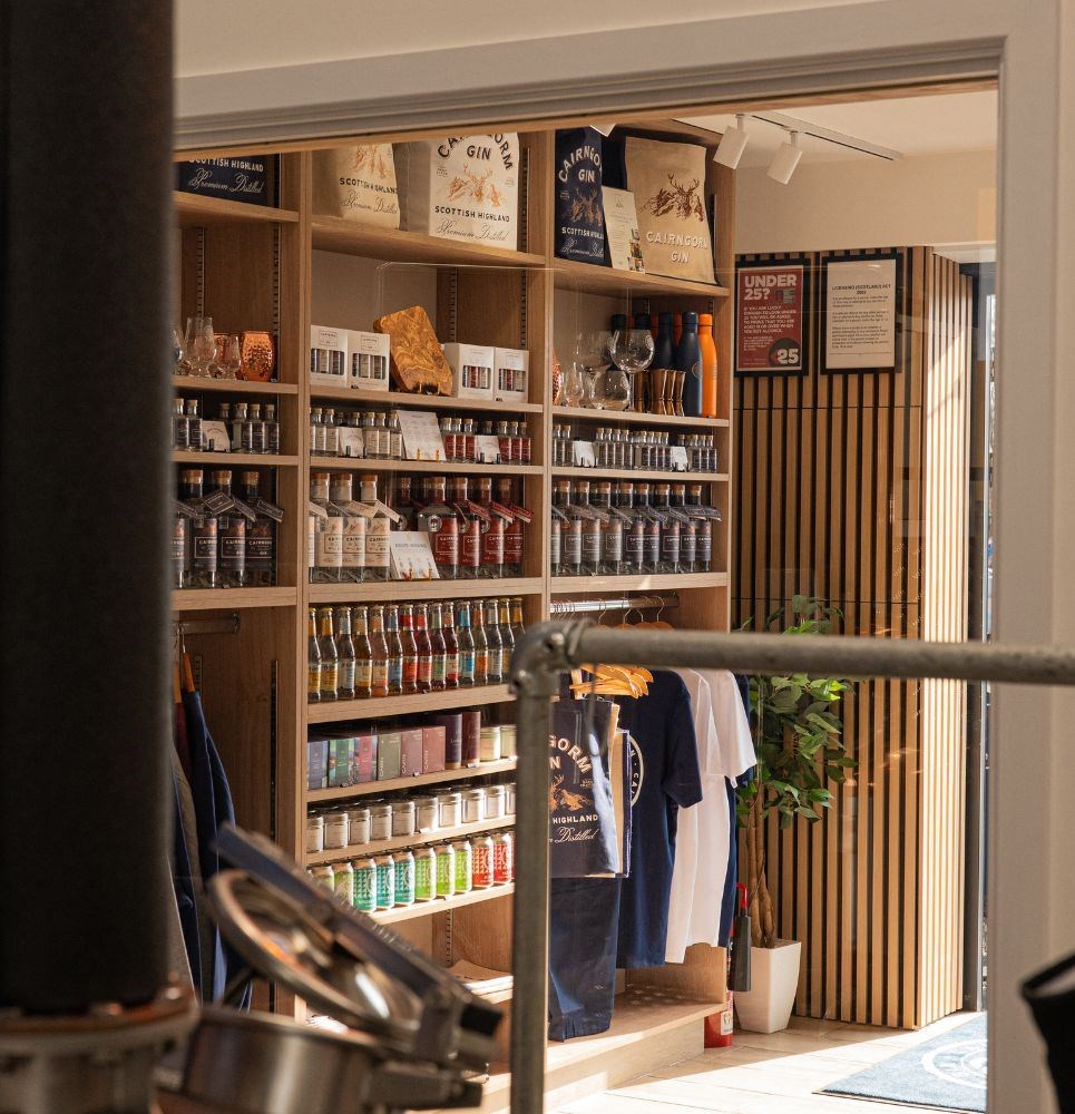 Inside the new Cairngorm Gin shop at Granish Business Park.