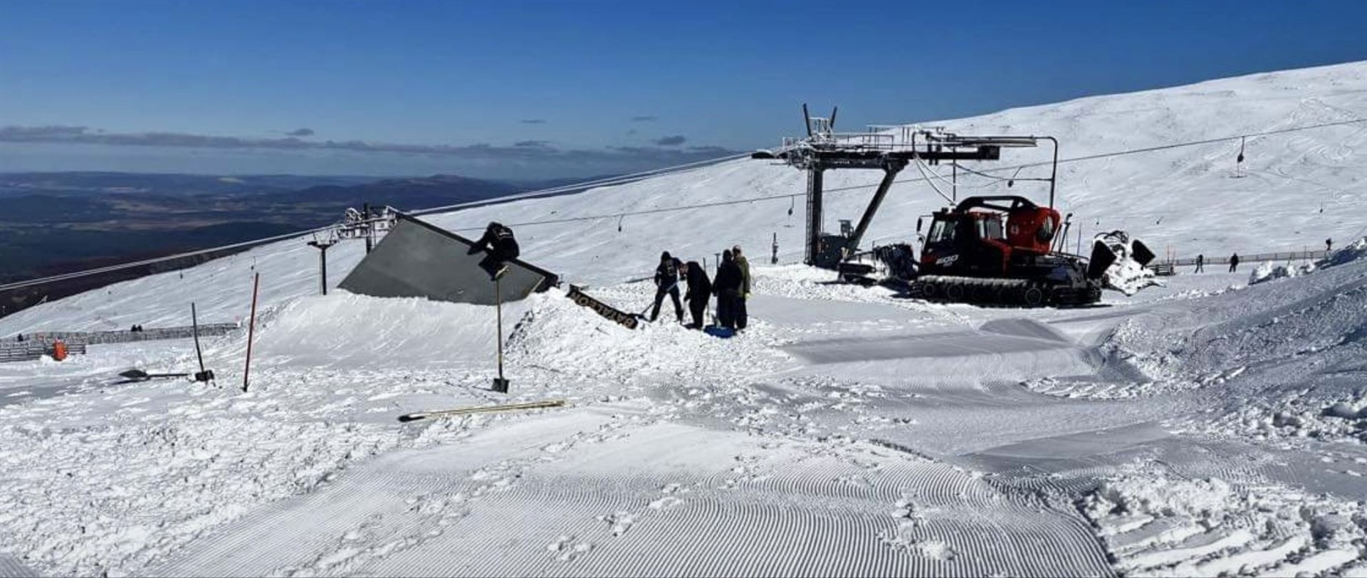 Cairngorm Mountain staff busy preparing the slopestyle course at the Ptarmigan for THE BRITS. Picture: Colin Matthew.