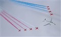 The Royal Air Force’s new submarine-hunter aircraft has flown in formation with the Red Arrows for the first time.