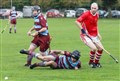 Inverness and Strathglass in action at Bught Park , Inverness during the Mòd Shinty Cup match, Inverness won on penalties - The Royal National Mòd 2021 Inverness, Scotland, 9/10/21