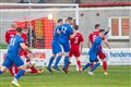 Liam Taylor (right) celebrates after giving Strathspey Thistle the lead from a Rennie corner on Saturday.