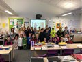 P5 class members are all lined up neatly for their Pudsey photo.