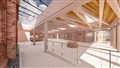 Interior of proposed new one story building linking the castle’s two towers, showing historic well.