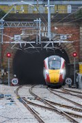 The first LNER Azuma passenger service arriving through the newly reopened third tunnel on platform 0 at London King’s Cross Railway Station, London. Photo: Matt Crossick/PA Wire