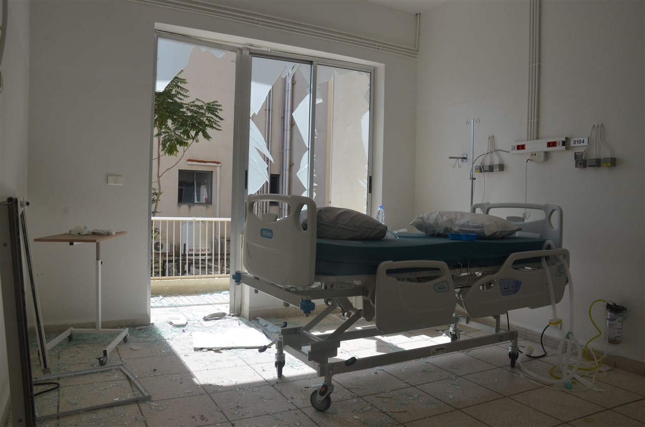 A window smashed in the ICU unit at Geiraoui Hospital in Beirut.