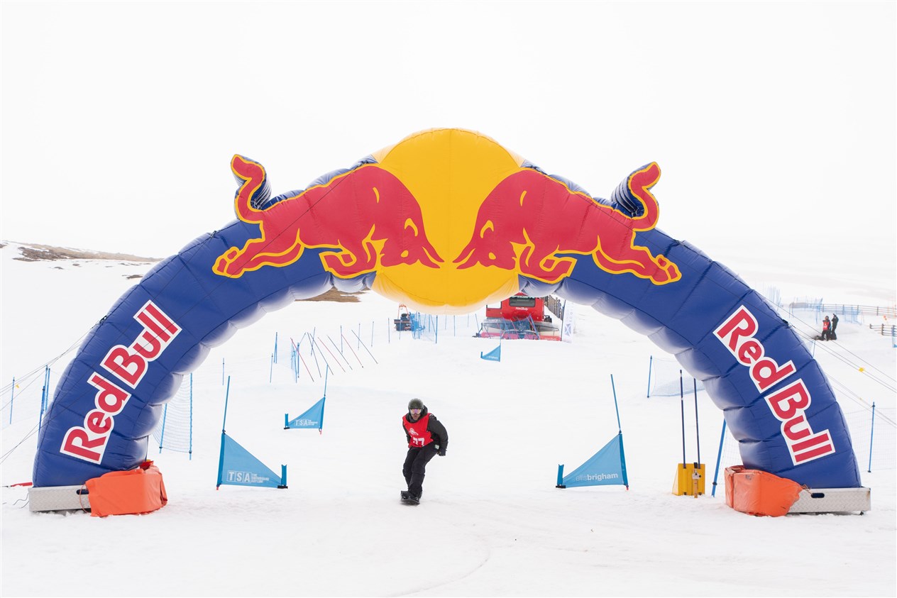 The colourful finish line for the banked slalom championship.
