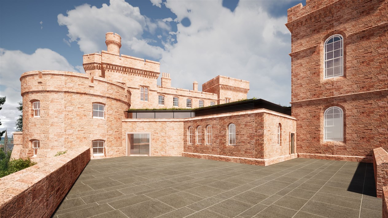 Exterior of Castle building, showing proposed new building linking the castle’s two towers, viewed from the west, with access to the terrace on the west side of the building.