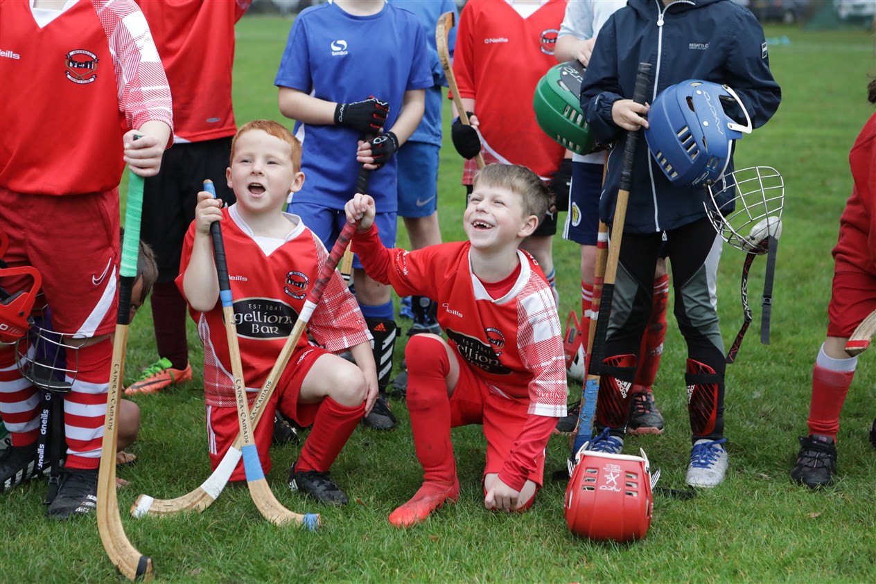 Gaelic Medium shinty Coaching Session taking place prior to the men and women's Mod Shinty Cup matches at Bught Park Inverness at The Royal National Mòd 2021 in Inverness, Scotland