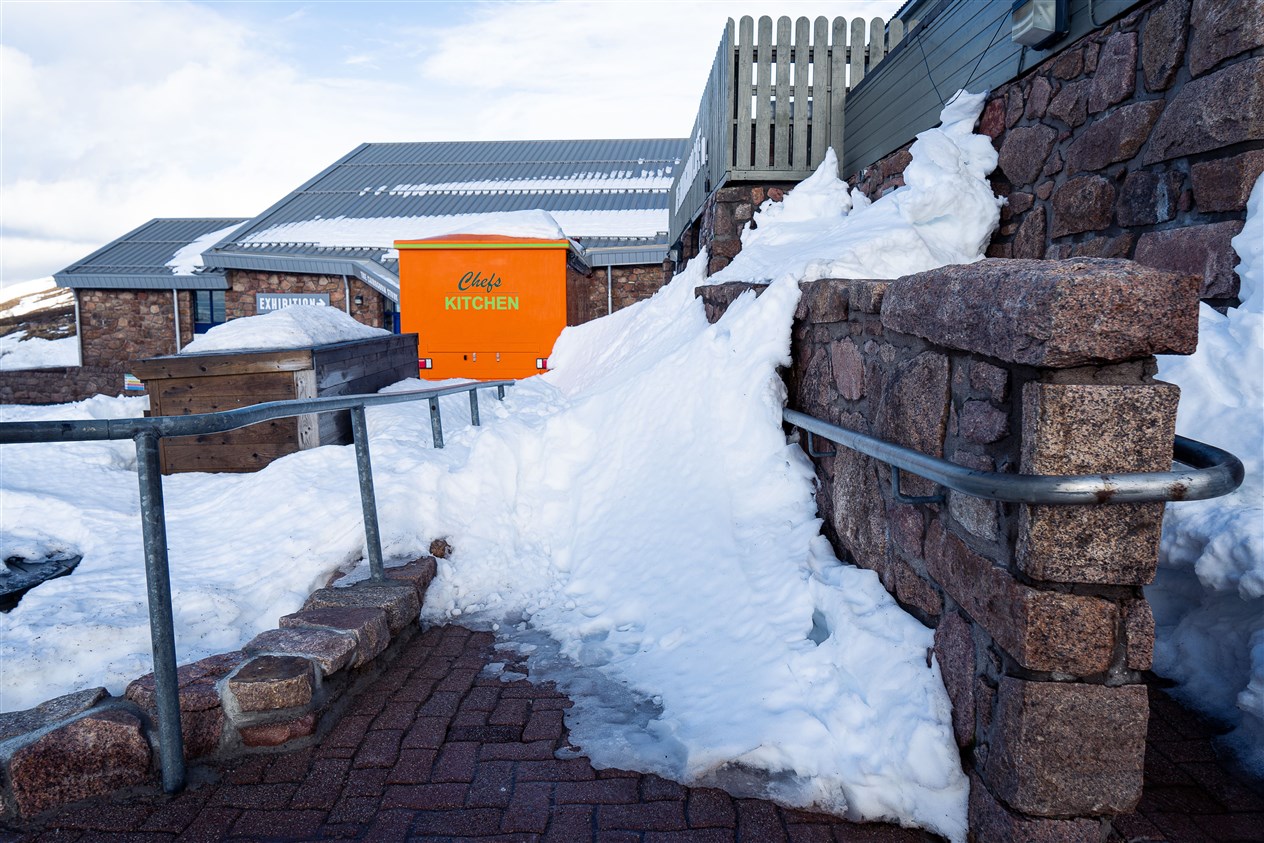 Piles of snow at Cairngorm Mountain where gusts of 90mph over the weekend created major drifts. Photo: Angus Trinder.