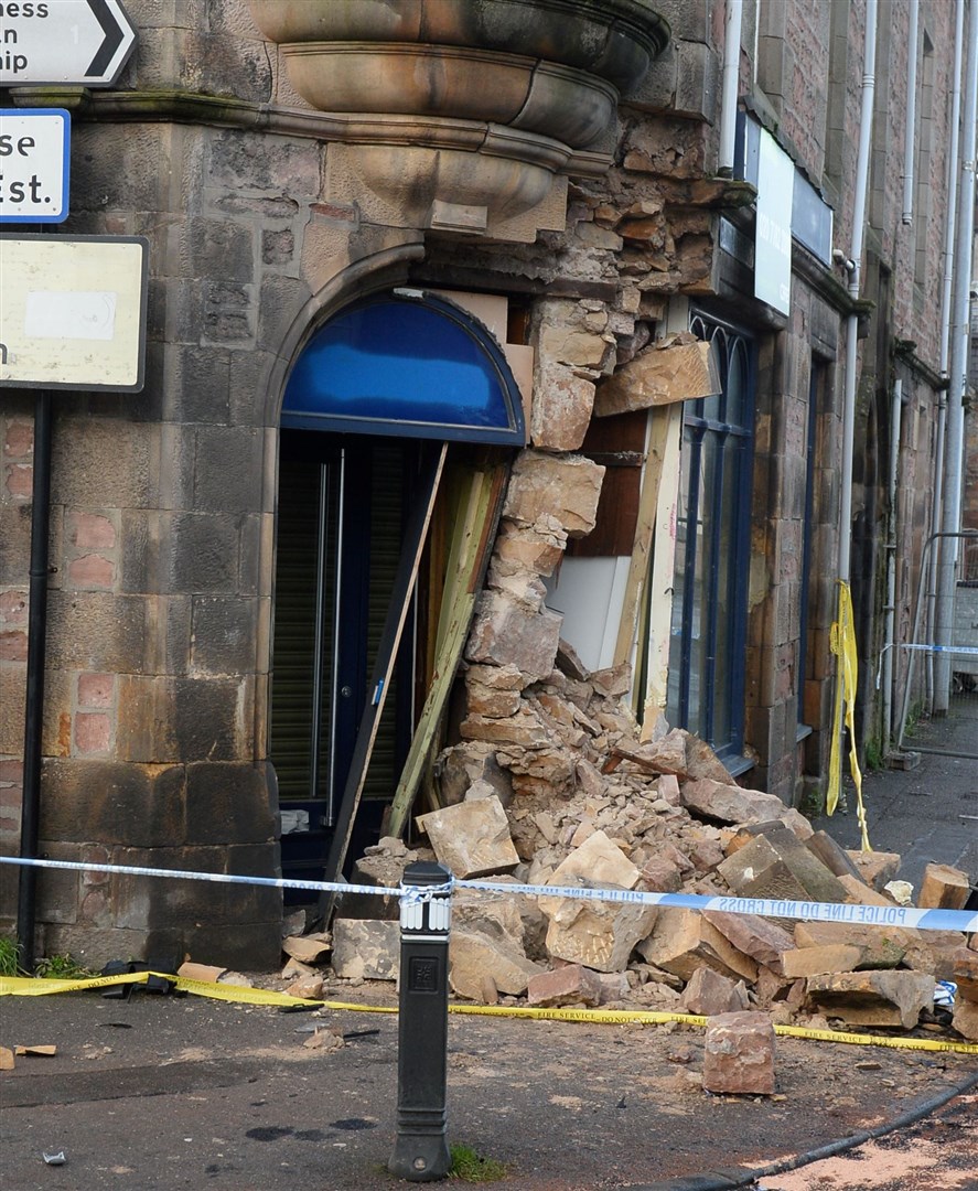 Damaged building following RTC on Grant Street as car hits former William Hill on junction with Lochalsh Road on Thursday night..Picture HN&M staff..