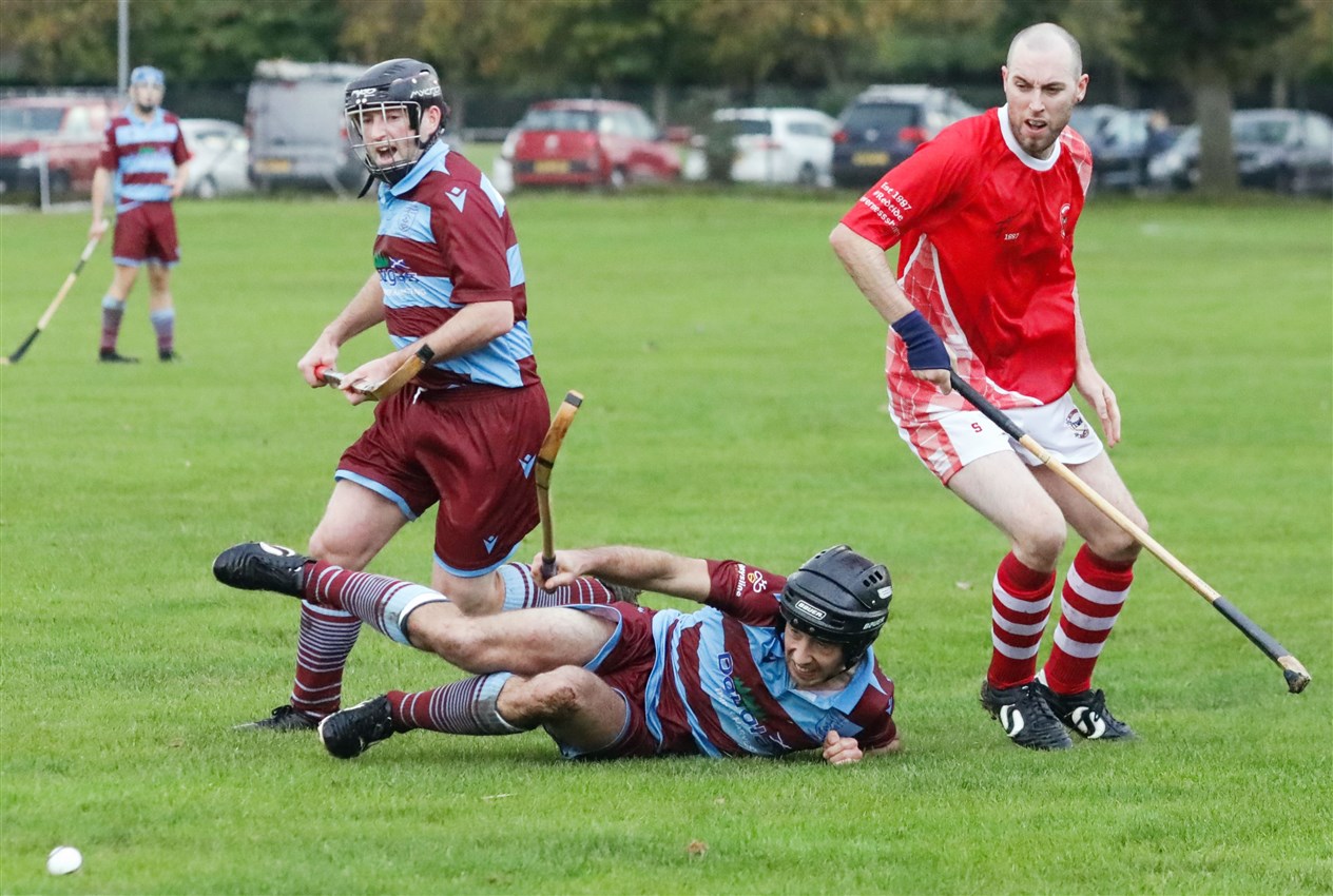 Inverness and Strathglass in action at Bught Park , Inverness during the Mòd Shinty Cup match, Inverness won on penalties - The Royal National Mòd 2021 Inverness, Scotland, 9/10/21