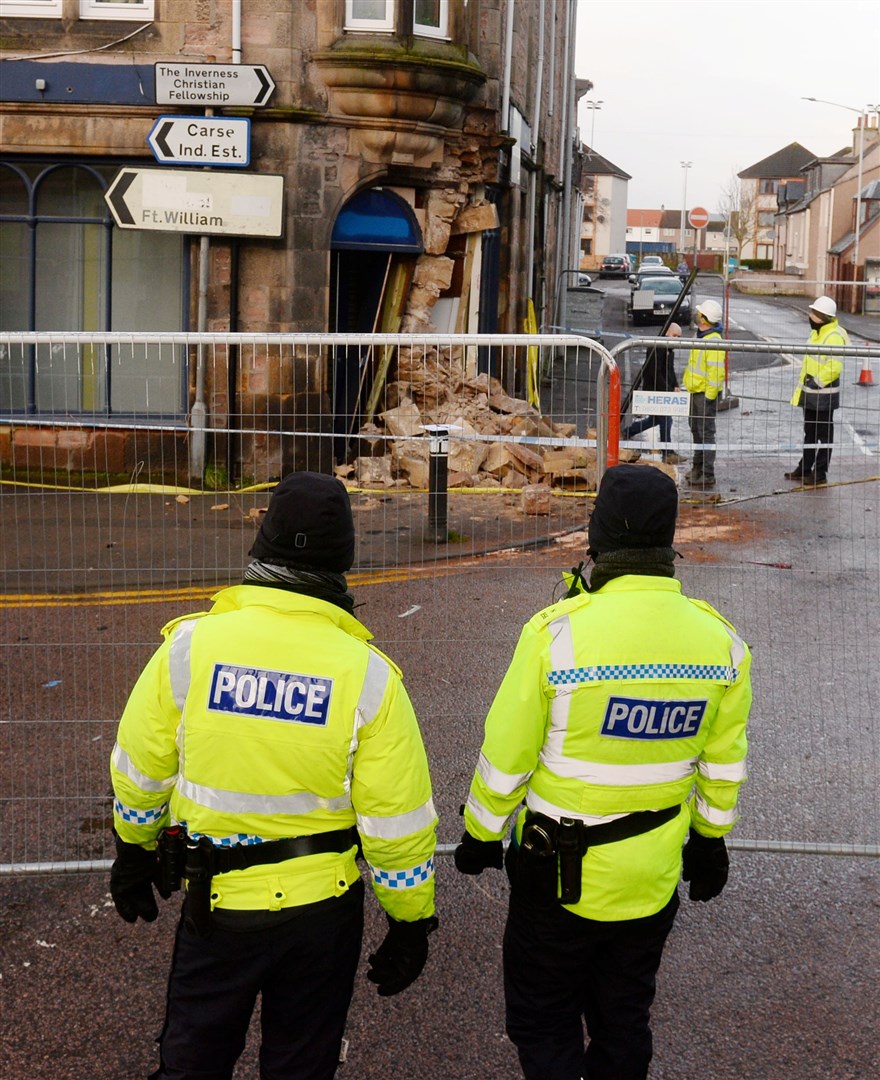 Damaged building following RTC on Grant Street as car hits former William Hill on junction with Lochalsh Road on Thursday night..Picture HN&M staff..