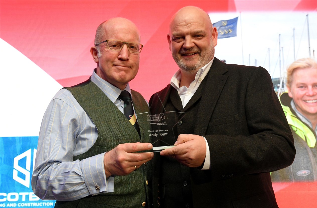 Andy Kent (left) won the Overall Hero Award. Award presented by Martin Fitzerald of Scotbuild Building & Construction. Picture: James Mackenzie.