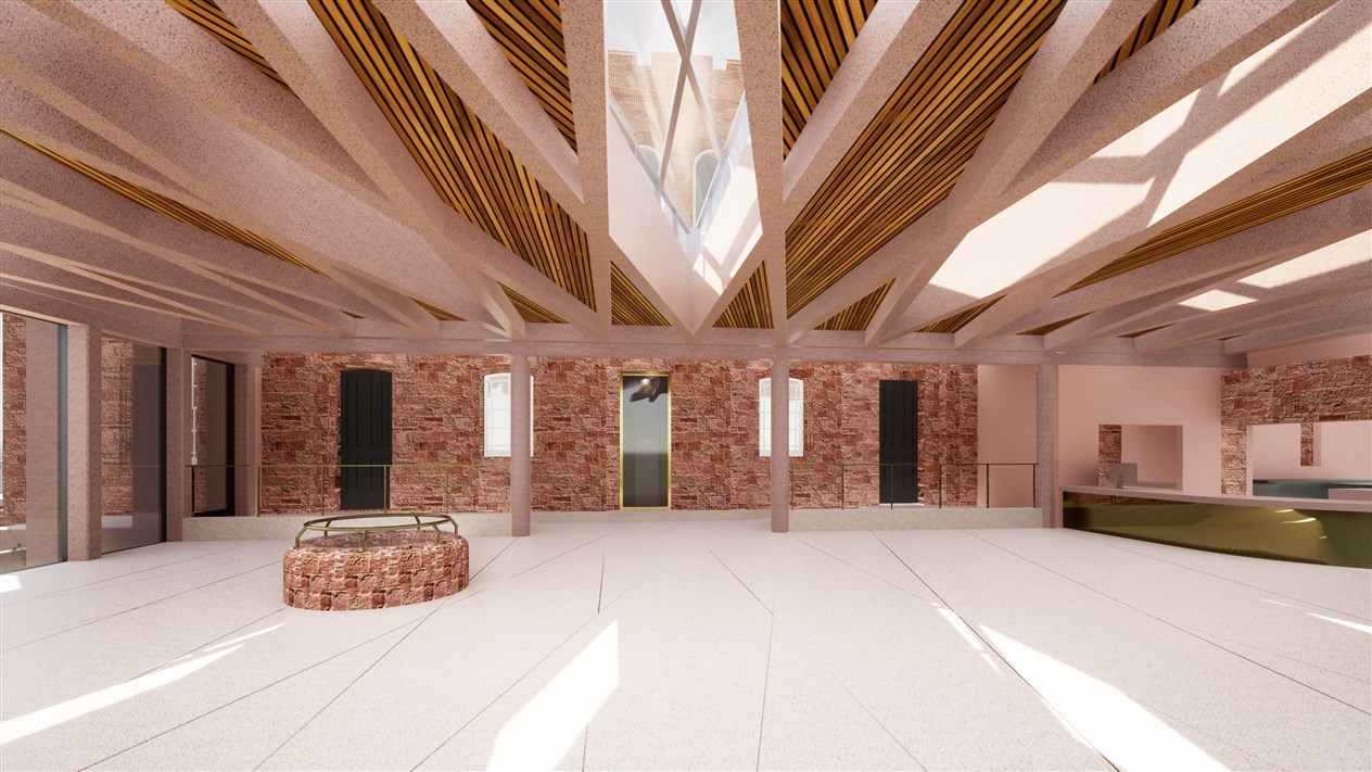 Interior of proposed new one story building linking the castle’s two towers, showing historic well.
