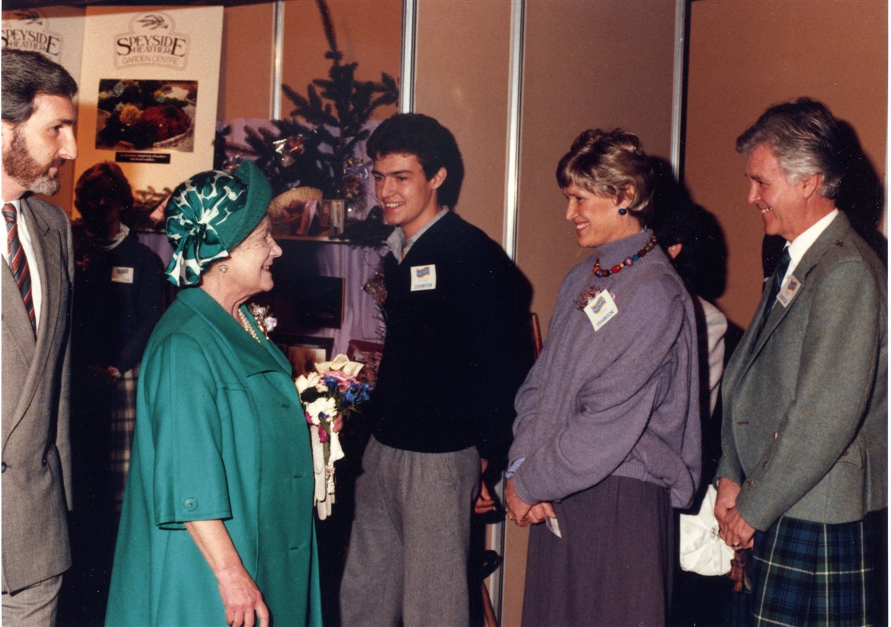 David and Betty meet the Queen Mother at the Highland Trade Fair in Aviemore.