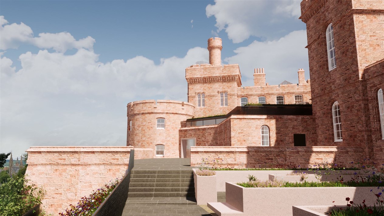 Exterior of Castle building, showing proposed new building linking the castle’s two towers, viewed from the west, with access to the terrace on the west side of the building.