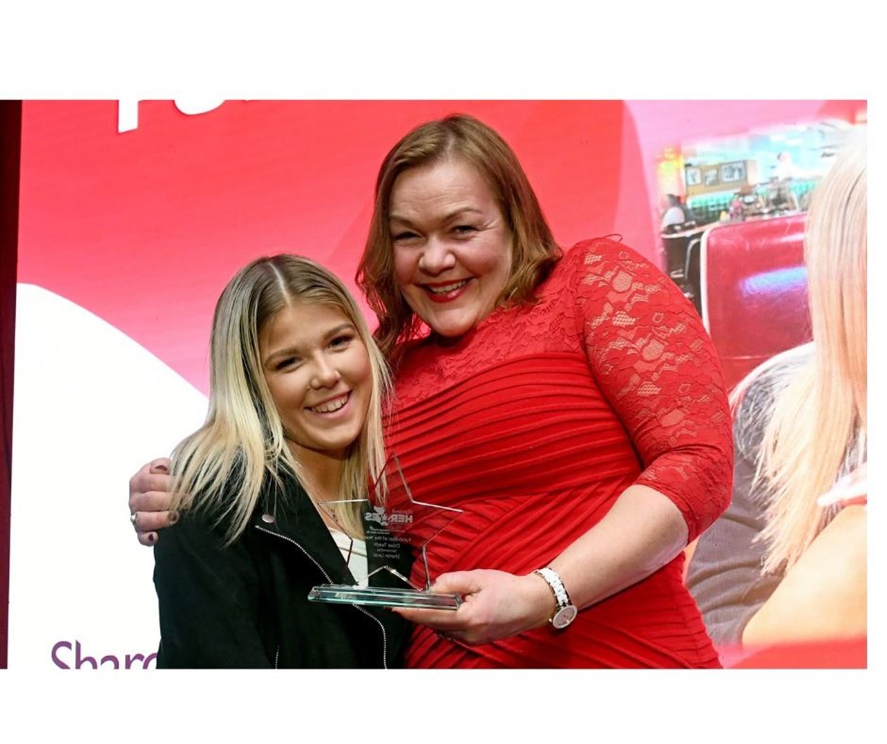Chloe Tuach (left) won the Fundraiser award. Award presented by Jennifer Alexander of Sharon Leon Carpets. Picture: James Mackenzie