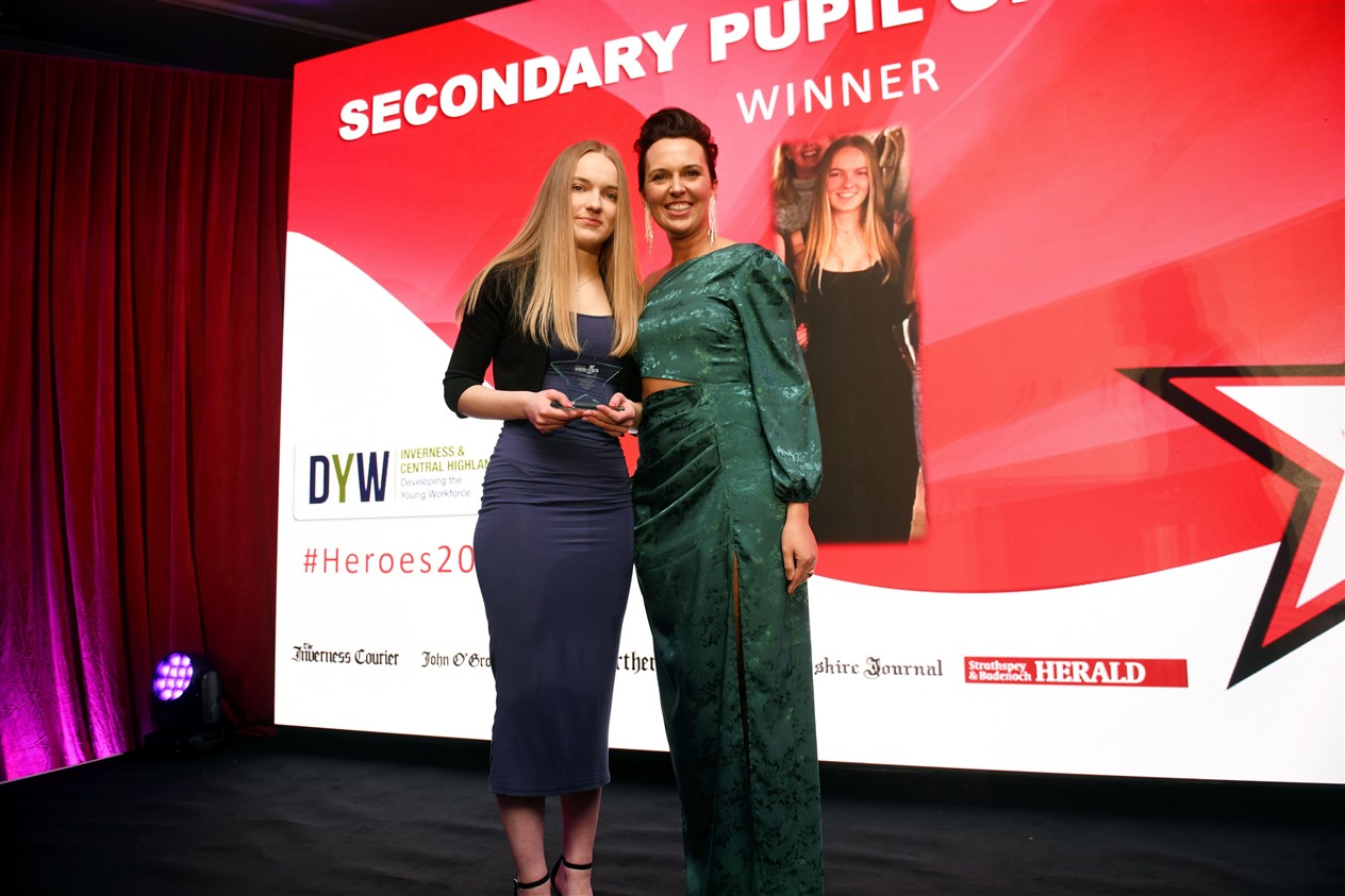 Olivia Macleod (left) with the Secondary Pupil Award presented by Eilidh Edgar of DYW Central Highland. Picture: James Mackenzie.