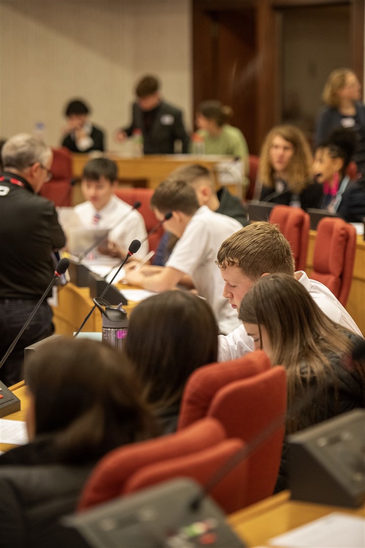 The council chambers was packed with pupils. Picture: Callum Mackay.