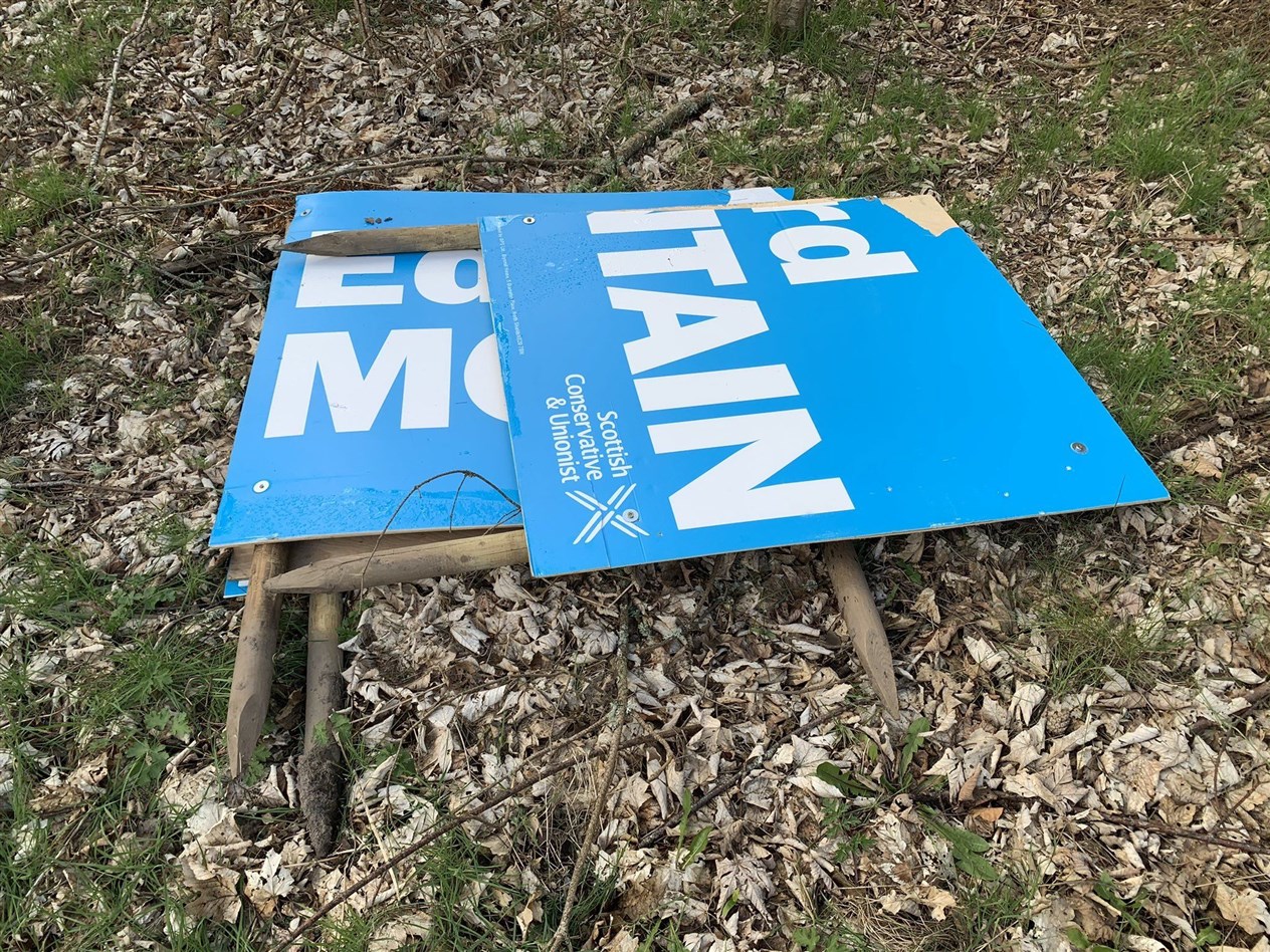 These Conservatives signs were removed from a site near Nairn.