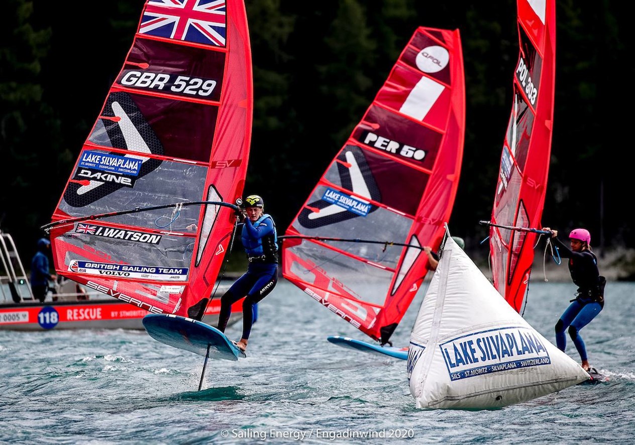 Islay Watson (left) in action at the European champs. The iQ Foil European Championship is the first international event in the new Olympic windsurfing class. Photos: Sailing Energy / Engadinwind 2020