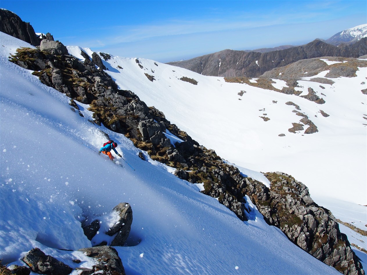 Spring snow on the North East Face of Stob Coire nan Lochan, Glencoe. Skier: Kenny Biggin. Photo: Neil Muir.