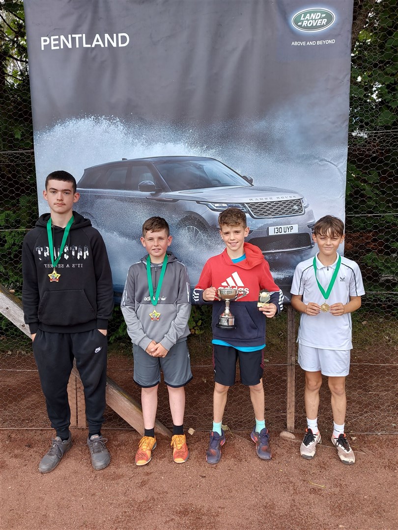 Pictured after the boys 14U singles: Calum Fleming (Grantown) plate winner; runner-up Findlay Macleod (Bellfield Park); winner Patrick Gilchrist and third placed Ricky Towler.