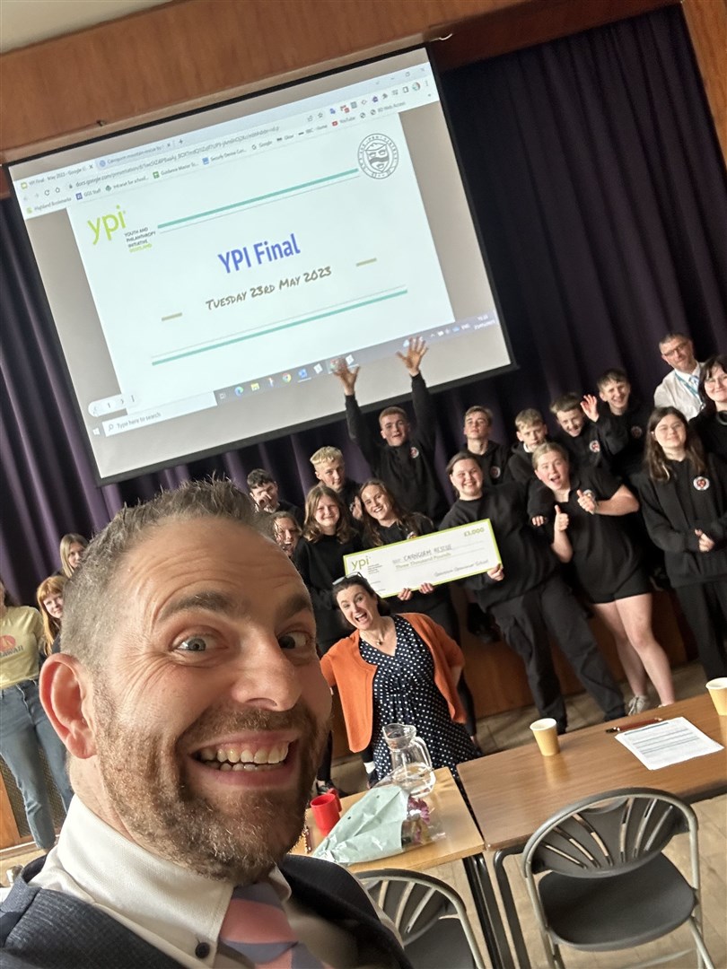Selfie of guidance teacher Mark Abenheimer, headteacher Claire McGonigal and the YPI finalists.