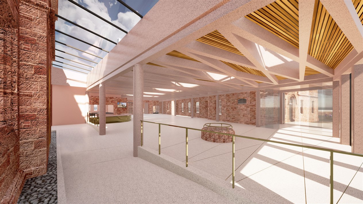 Interior of proposed new one story building linking the castle’s two towers, showing historic well.