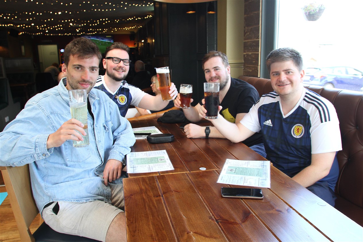 Sam Stevens, Alex Owen, Andrew Birnie and Jonathan Swindell with their pints at the Balavoulin.