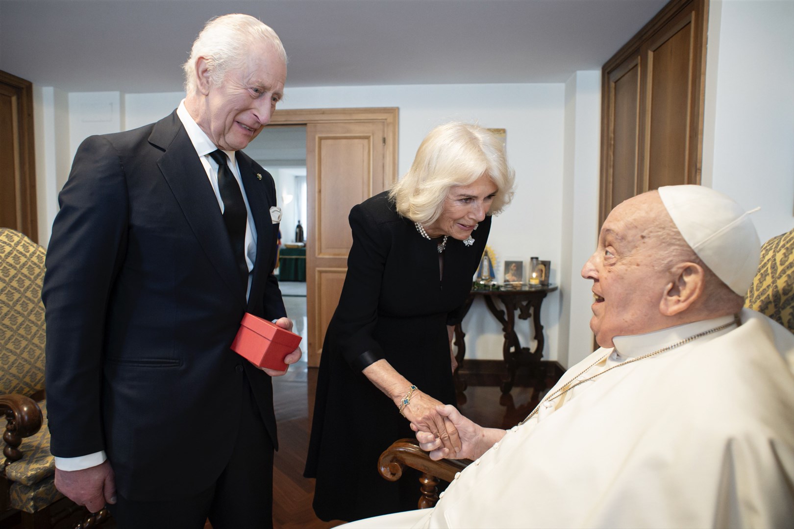 The King and Queen during a private meeting with Pope Francis in Rome on April 9 (The Vatican/PA)