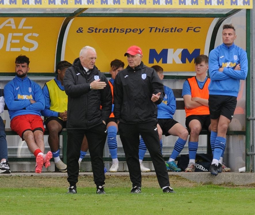Bobby Beckwith and Ronnie Sharp in the Thistle dug-out during the 6-1 defeat at home to Forres Mechanics.