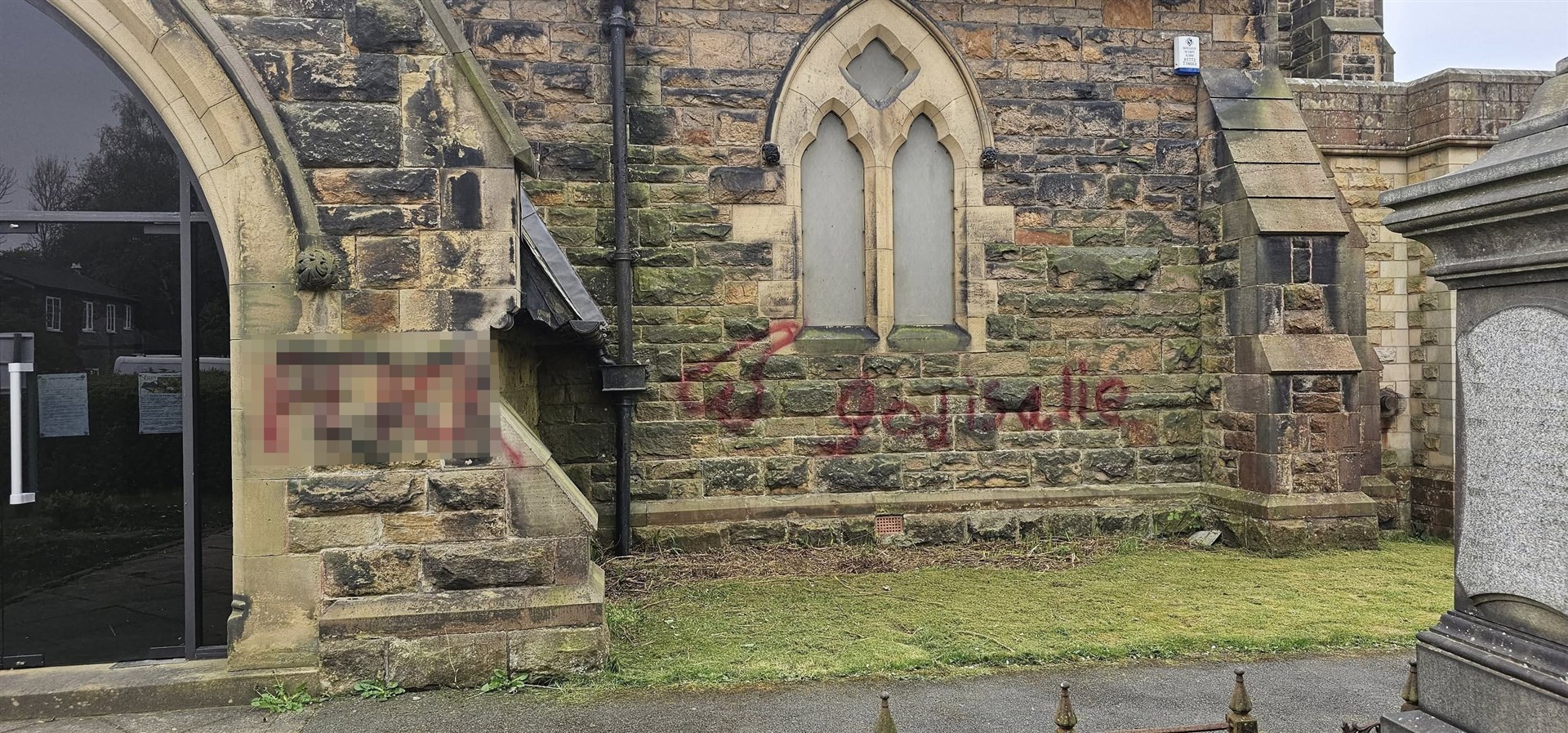 Lewd messages were daubed on the walls of St James Church in Leyland (phrases partially pixelated) (Paul Wharton-Hardman/PA)