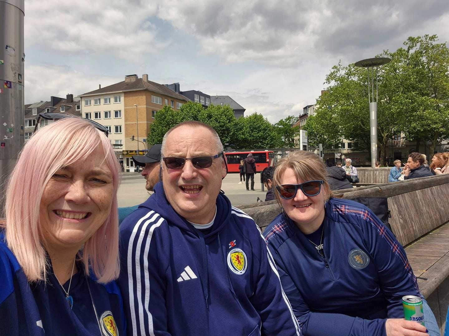 Some of the Orkney and Inverness contingent of the Tartan Army waiting for a train in Aachen.