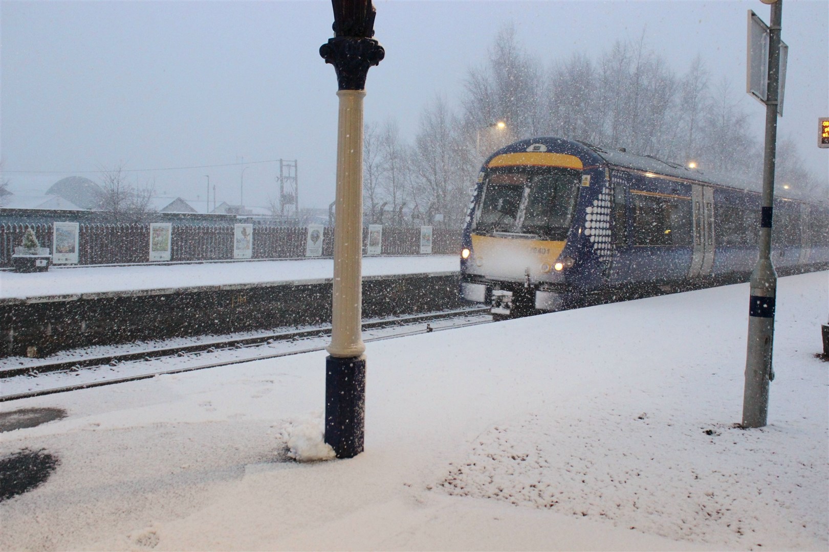 A ScotRail train at Kingussie station in the snow last winter.