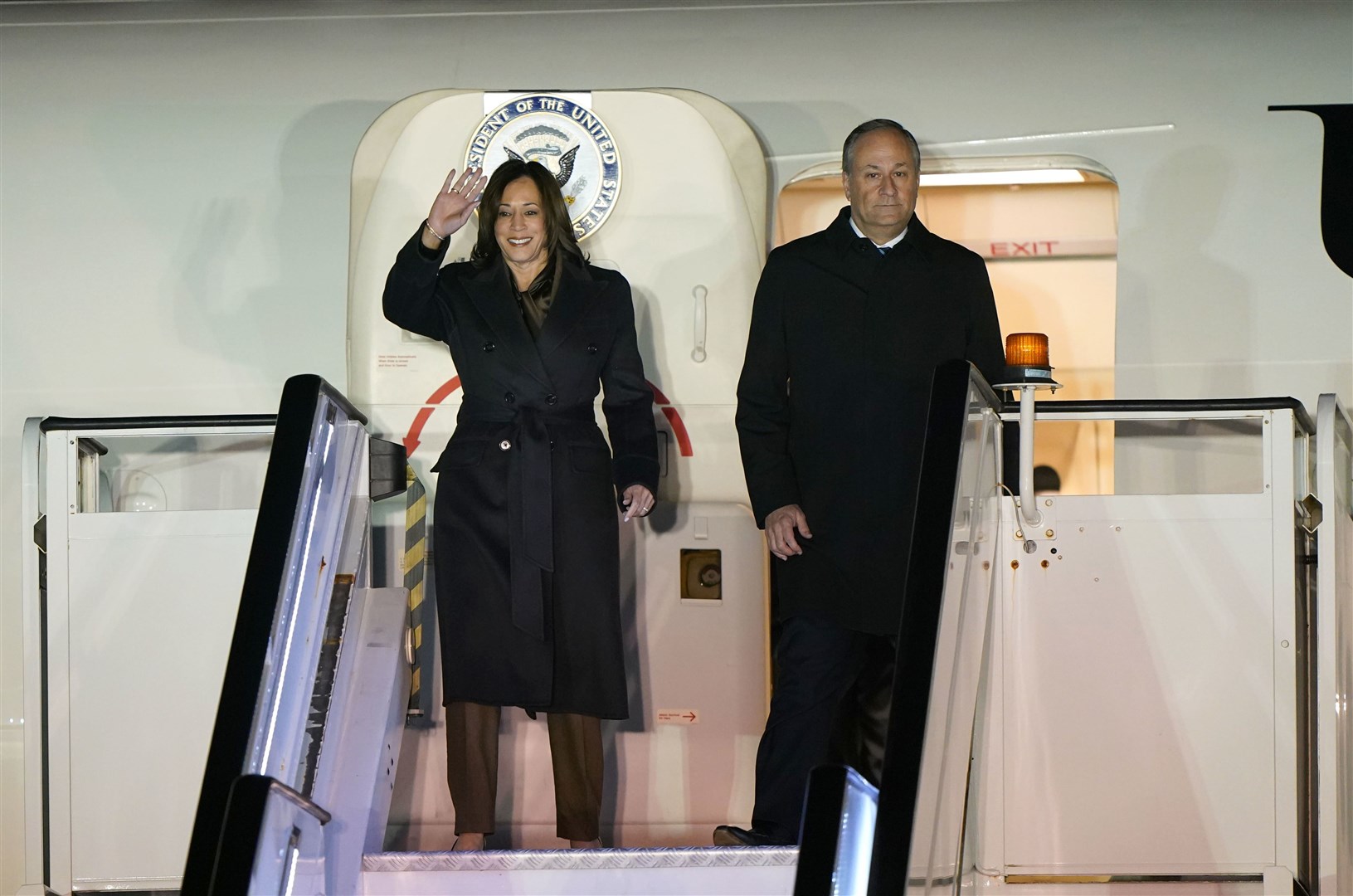 US Vice President Kamala Harris, with husband Second Gentleman Douglas Emhoff, arrived at Stansted Airport on Tuesday (Joe Giddens/PA)