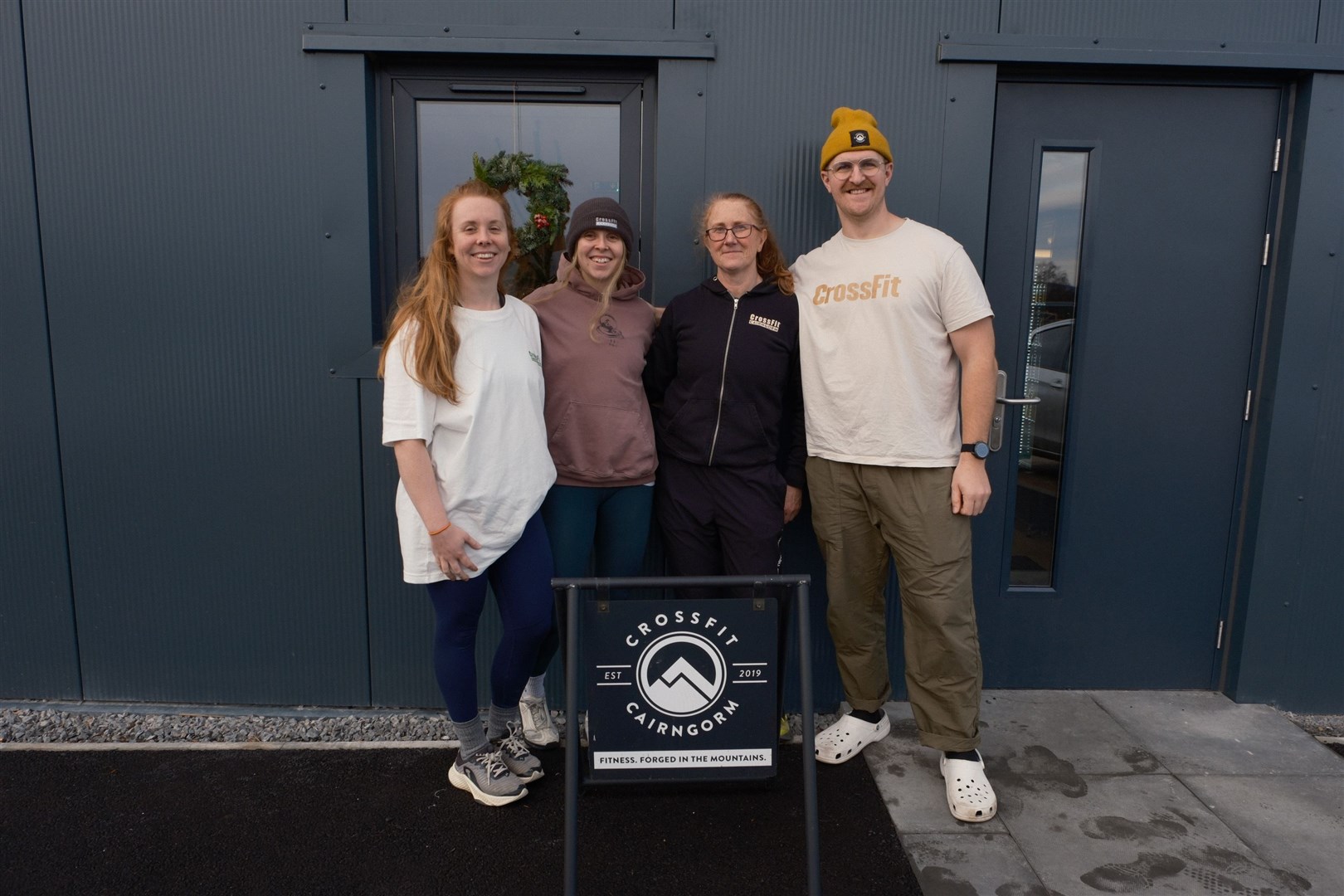 Ellie Dubois, Izzie Dubois, Ellie Garrett and Ruari Lambert outside the new CrossFit Cairngorm premises.