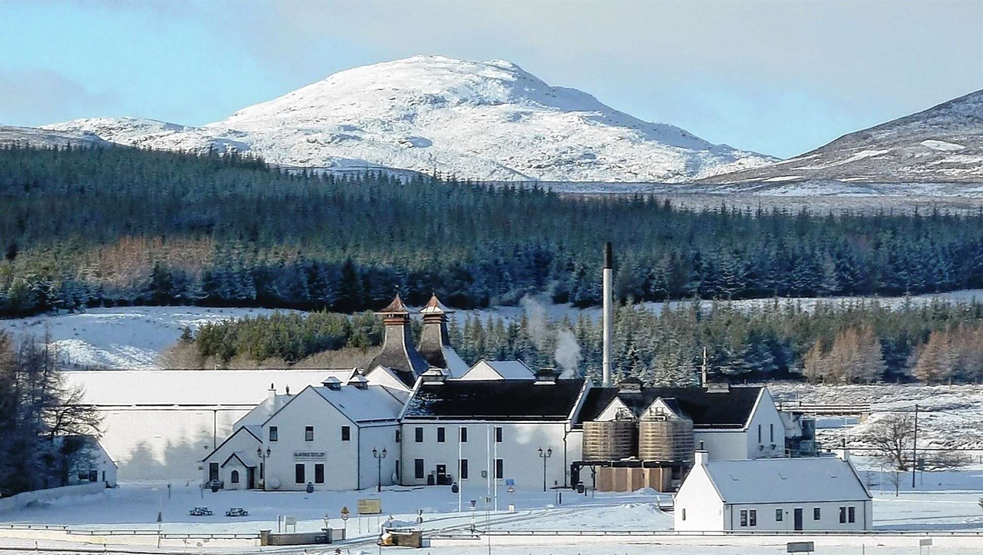 Dalwhinnie Distillery in the snow.