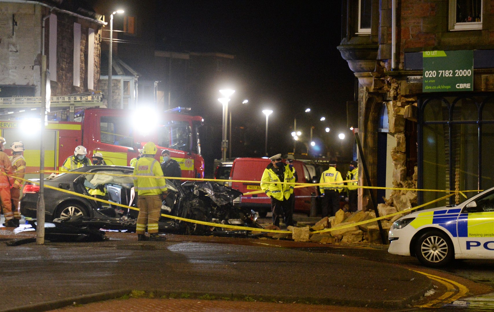 RTC on Grant Street as car hits former William Hill on junction with Lochalsh Road..Picture HN&M staff..